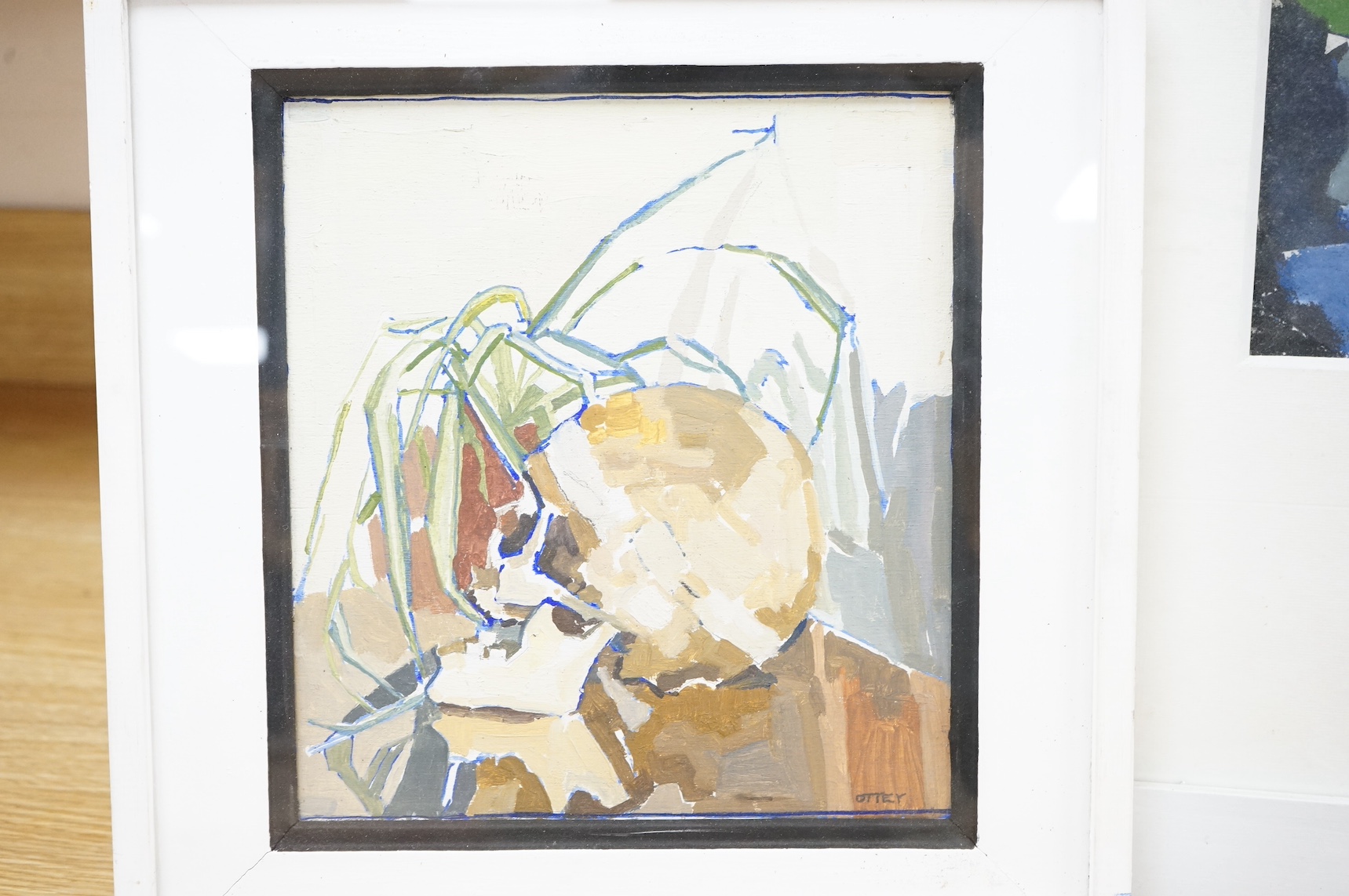 Three abstract oils on board, to include Phil Tyler, Landscape and two by Piers Ottey, one titled 'Skull II', largest 23 x 20cm. Condition - good